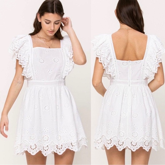 NWOT Ruffles, Square Neckline White Cotton Eyelet Summer Dress, White, Small - Picture 2 of 3